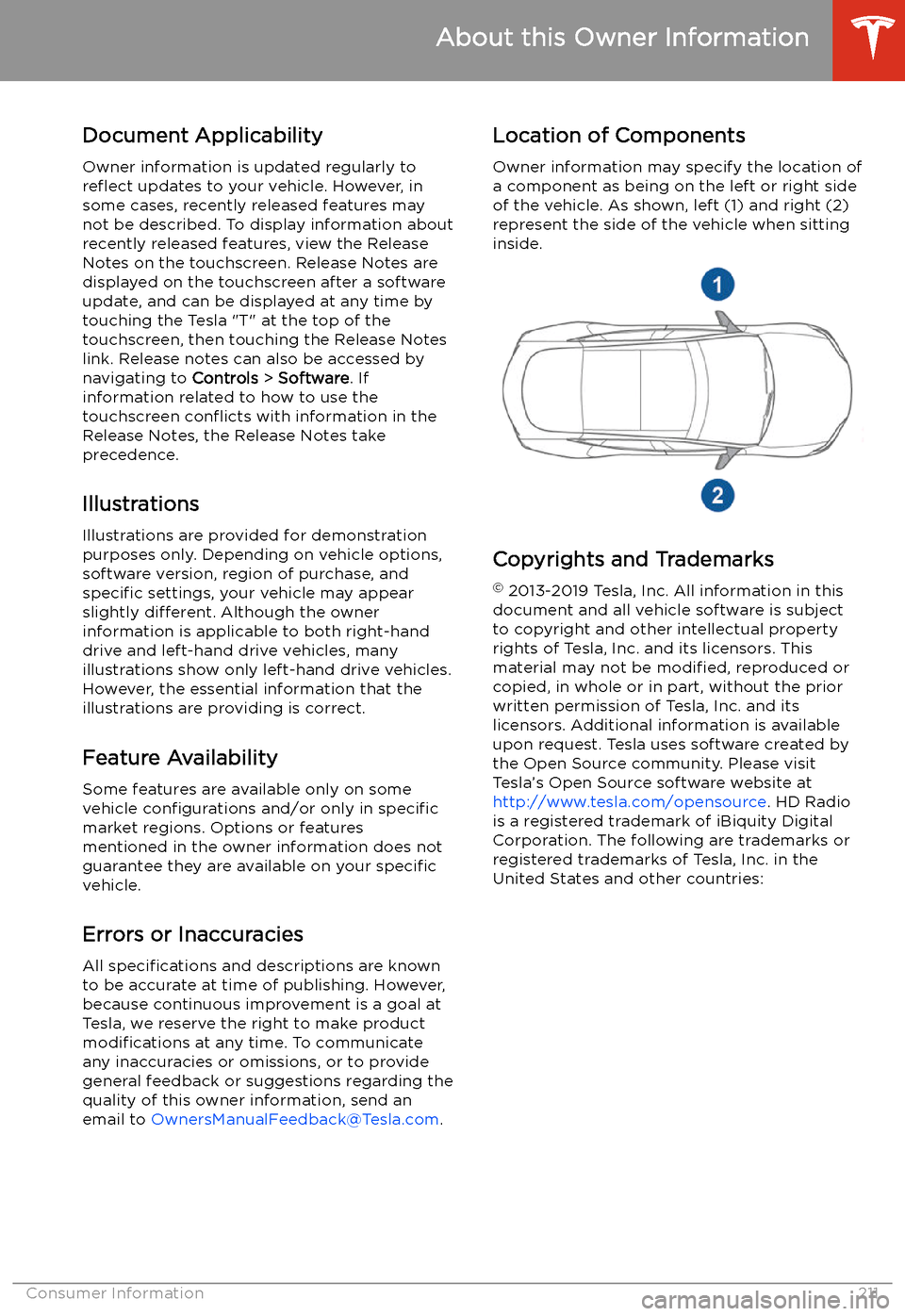 TESLA MODEL S 2020  Owners Manual About this Owner Information
Document Applicability
Owner information is updated regularly to re