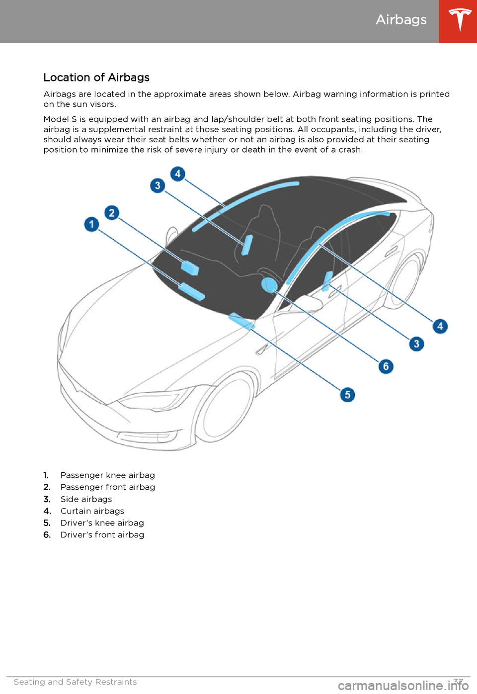 TESLA MODEL S 2020  Owners Manual Airbags
Location of Airbags Airbags are located in the approximate areas shown below. Airbag warning information is printed
on the sun visors.
Model S is equipped with an airbag and lap/shoulder belt 