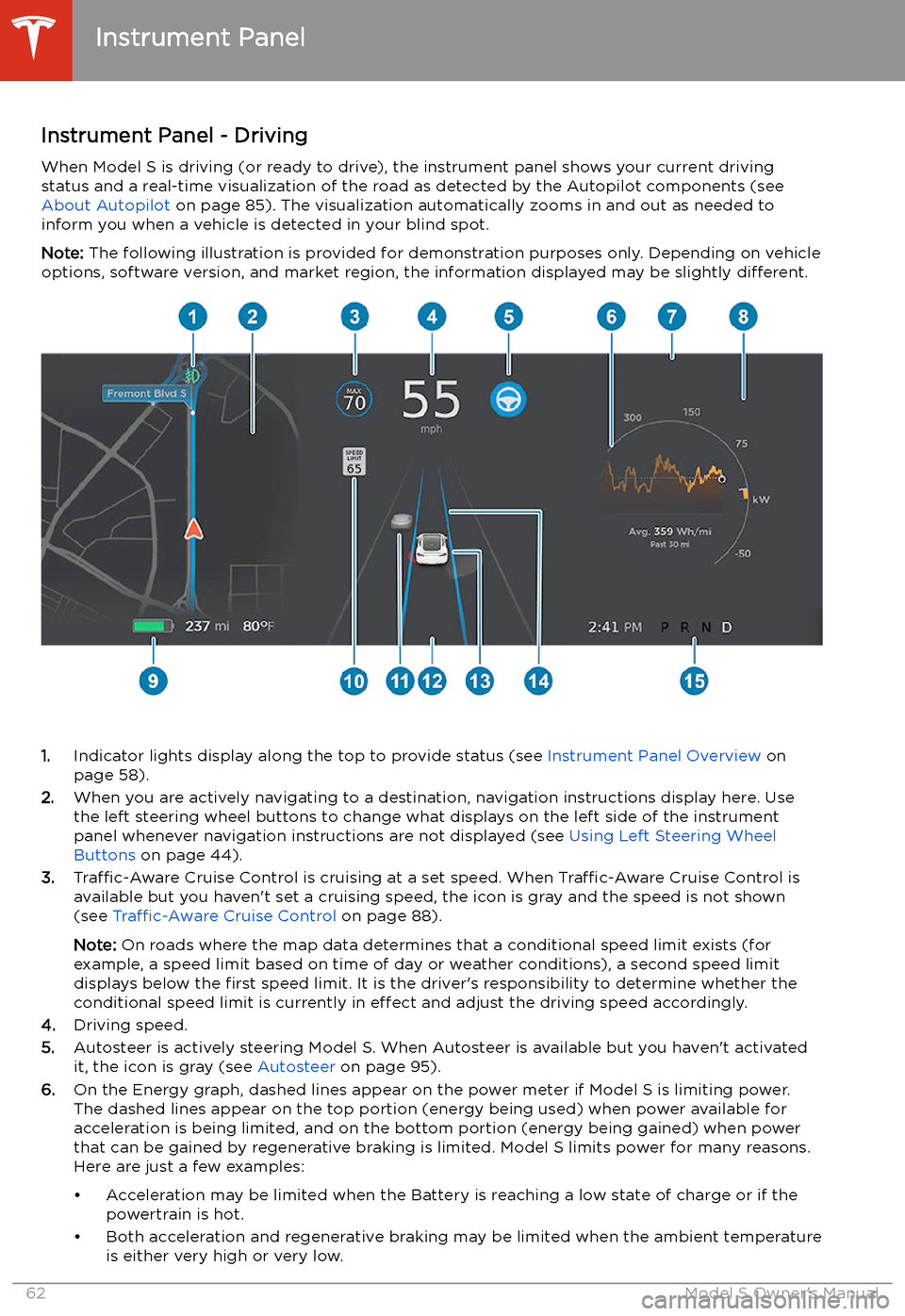 TESLA MODEL S 2020  Owners Manual Instrument Panel - DrivingWhen Model S is driving (or ready to drive), the instrument panel shows your current drivingstatus and a real-time visualization of the road as detected by the Autopilot comp