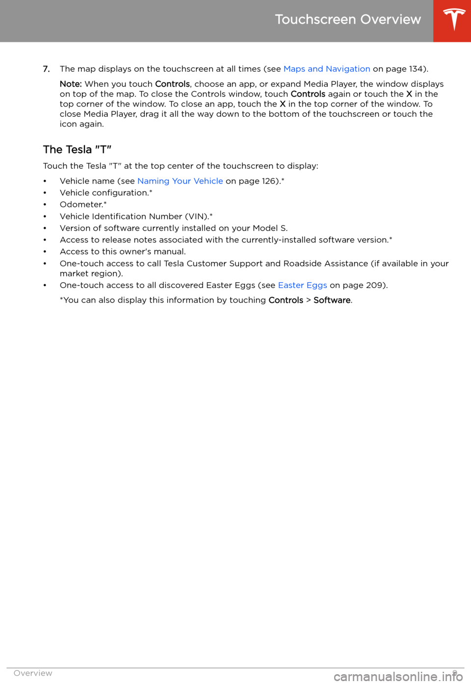 TESLA MODEL S 2020  Owners Manual 7.The map displays on the touchscreen at all times (see  Maps and Navigation on page 134).
Note:  When you touch  Controls, choose an app, or expand Media Player, the window displays
on top of the map