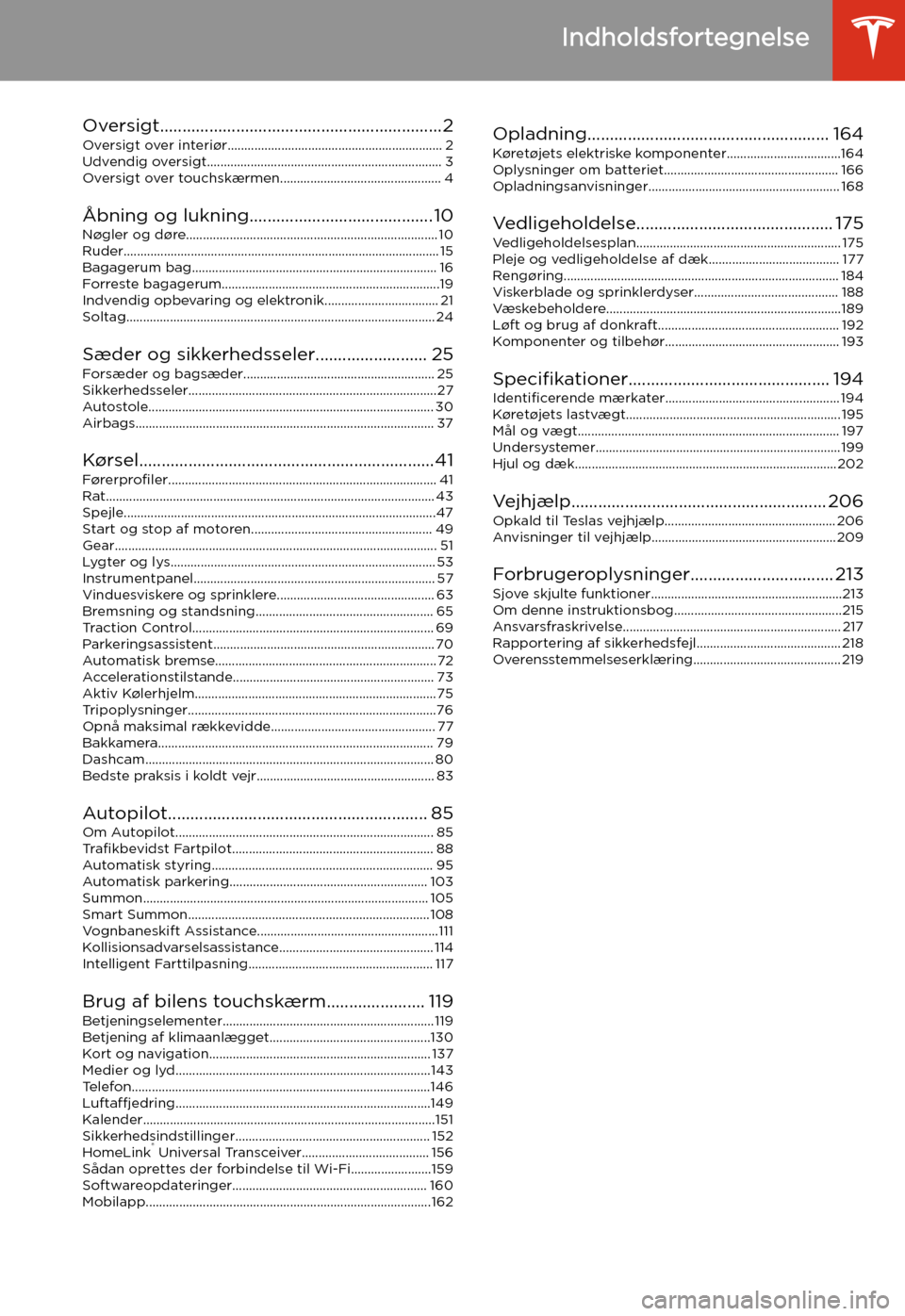 TESLA MODEL S 2020  Instruktionsbog (in Danish) Indholdsfortegnelse
Oversigt...............................................................2
Oversigt over interi