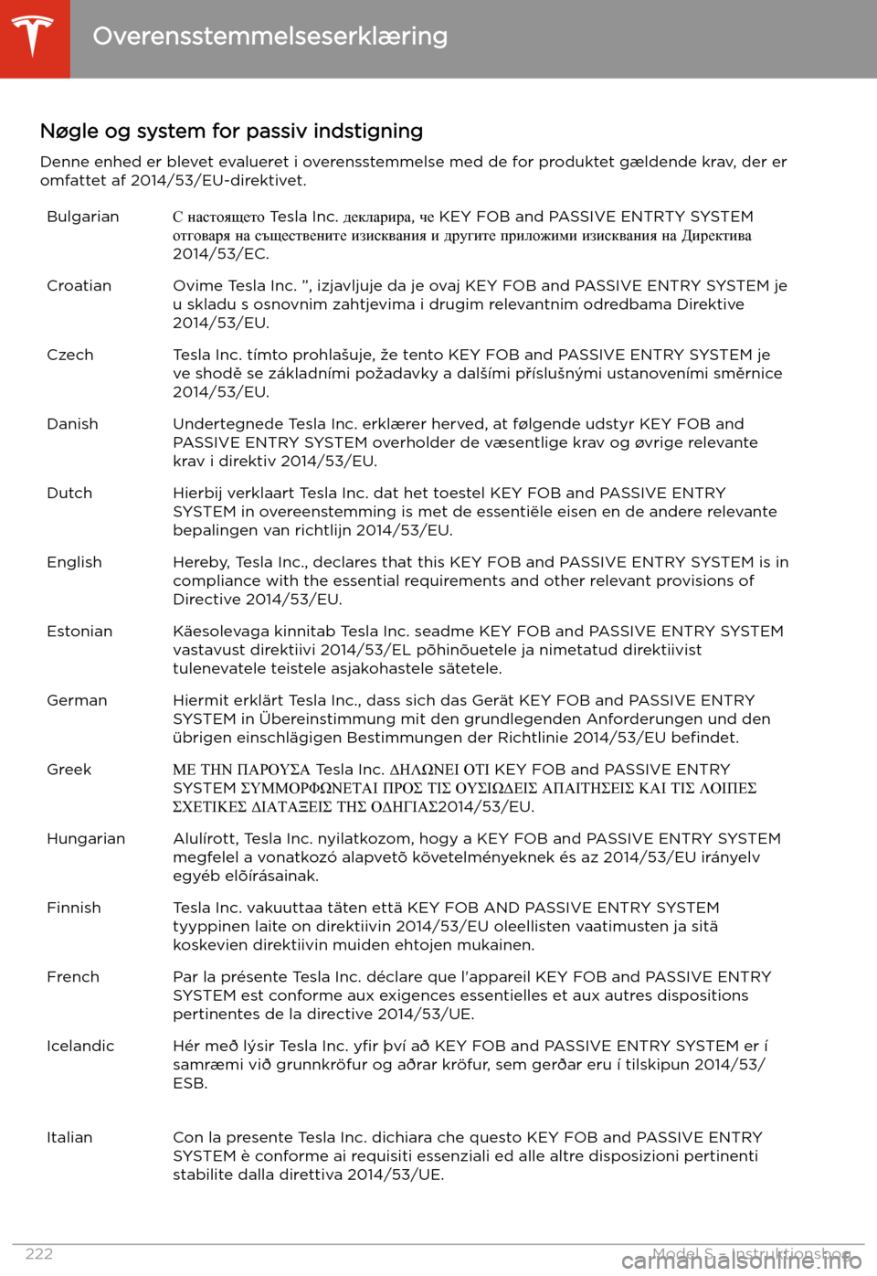 TESLA MODEL S 2020 Instruktionsbog (in Danish) N TESLA MODEL S 2020 Instruktionsbog (in Danish) N
