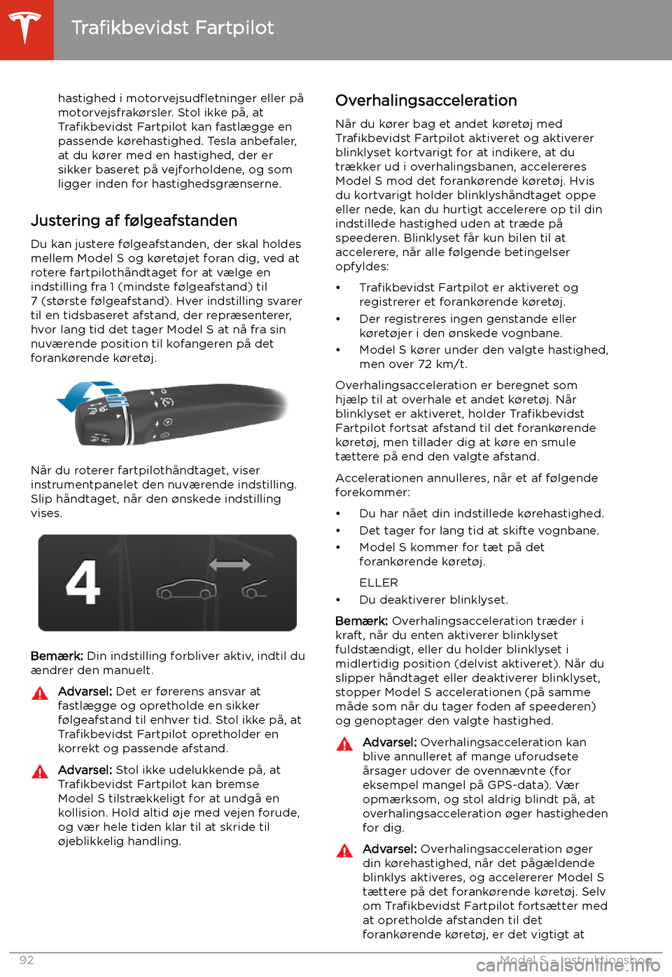 TESLA MODEL S 2020  Instruktionsbog (in Danish) hastighed i motorvejsud