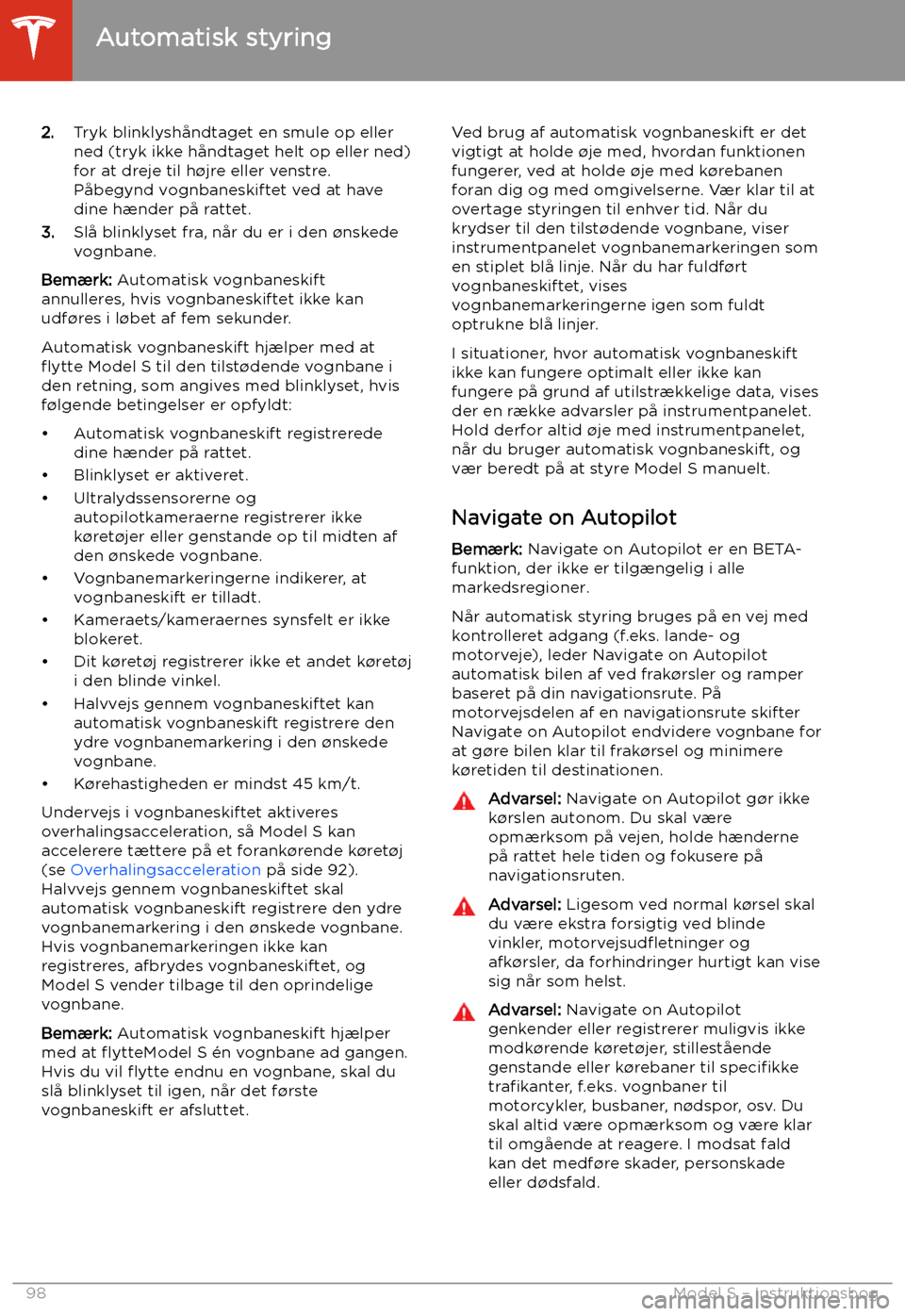 TESLA MODEL S 2020  Instruktionsbog (in Danish) 2.Tryk blinklysh