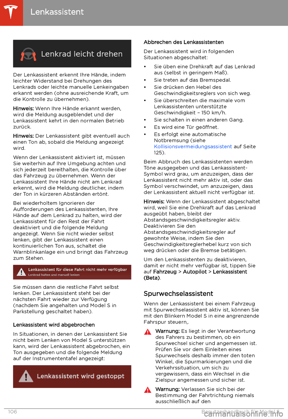 TESLA MODEL S 2020  Betriebsanleitung (in German) Der Lenkassistent erkennt Ihre H