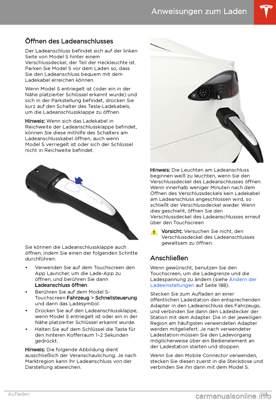 TESLA MODEL S 2020  Betriebsanleitung (in German) Anweisungen zum Laden
