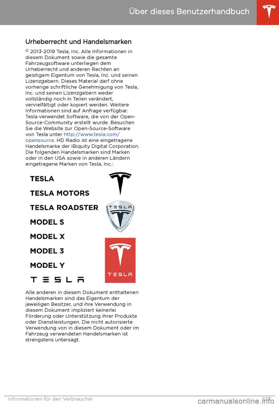 TESLA MODEL S 2020 Betriebsanleitung (in German) Urheberrecht und Handelsmarken TESLA MODEL S 2020 Betriebsanleitung (in German) Urheberrecht und Handelsmarken