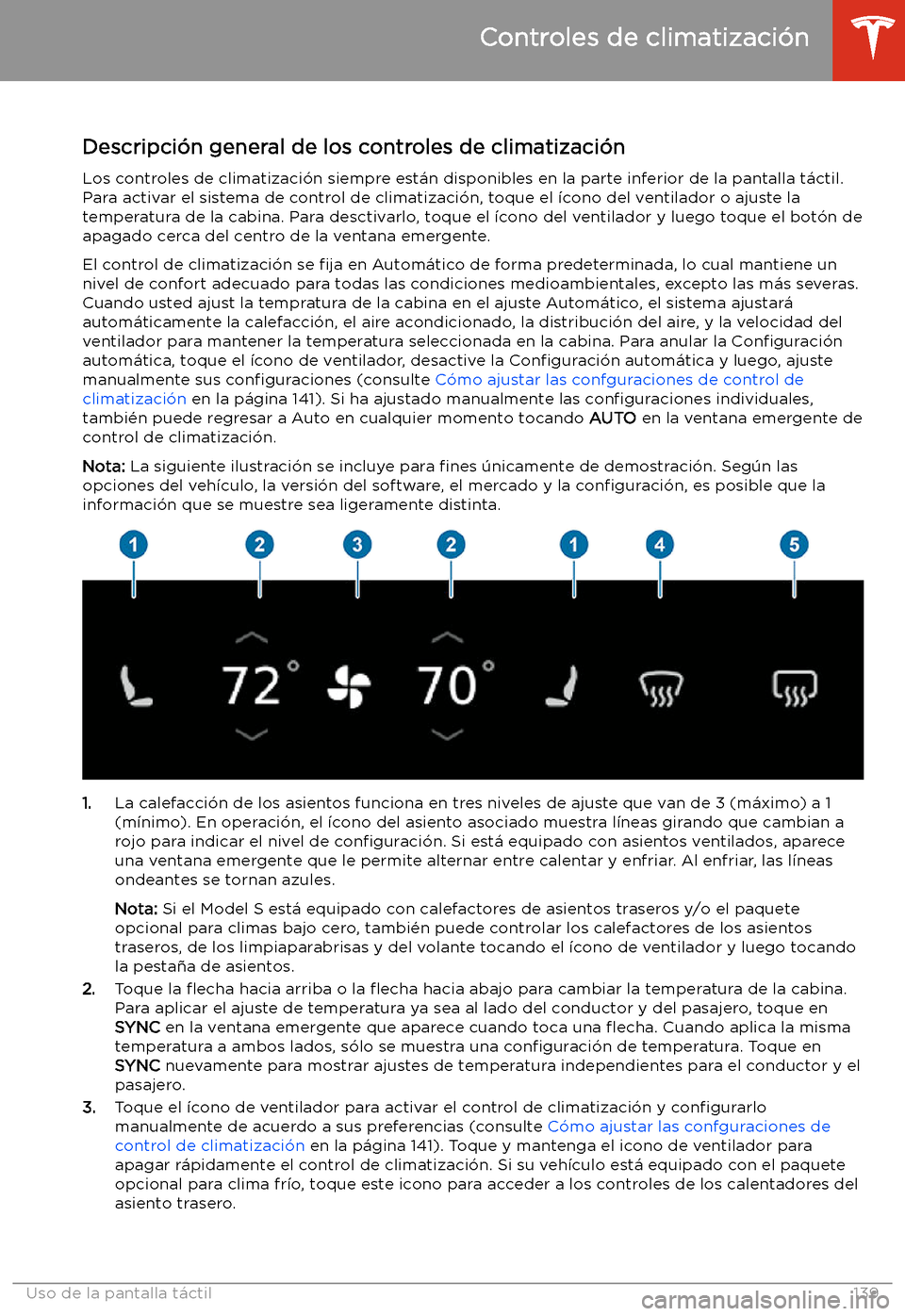 TESLA MODEL S 2020 Manual del propietario (in Spanish) Controles de climatizaci TESLA MODEL S 2020 Manual del propietario (in Spanish) Controles de climatizaci