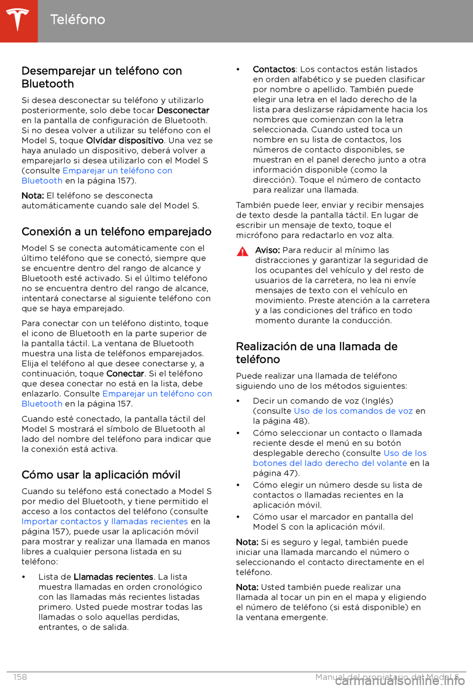 TESLA MODEL S 2020 Manual del propietario (in Spanish) Desemparejar un tel TESLA MODEL S 2020 Manual del propietario (in Spanish) Desemparejar un tel