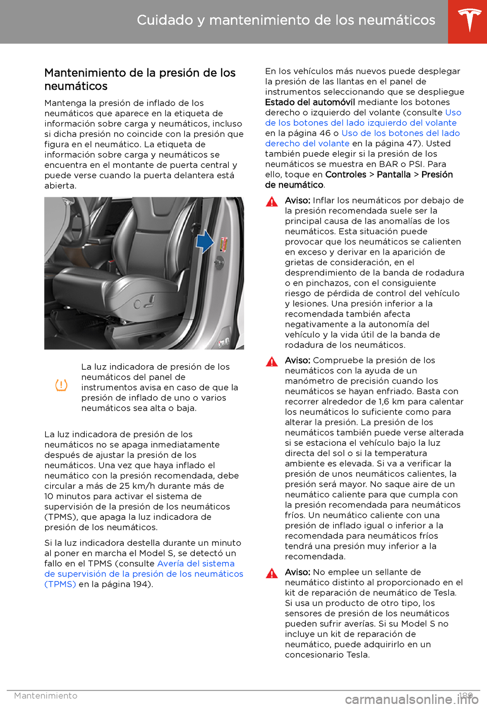 TESLA MODEL S 2020  Manual del propietario (in Spanish)  Cuidado y mantenimiento de los neum