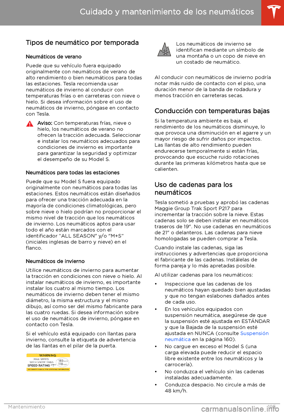 TESLA MODEL S 2020  Manual del propietario (in Spanish)  Tipos de neum