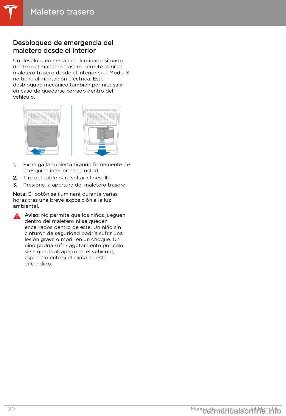 TESLA MODEL S 2020  Manual del propietario (in Spanish)  Desbloqueo de emergencia del
maletero desde el interior
Un desbloqueo mec