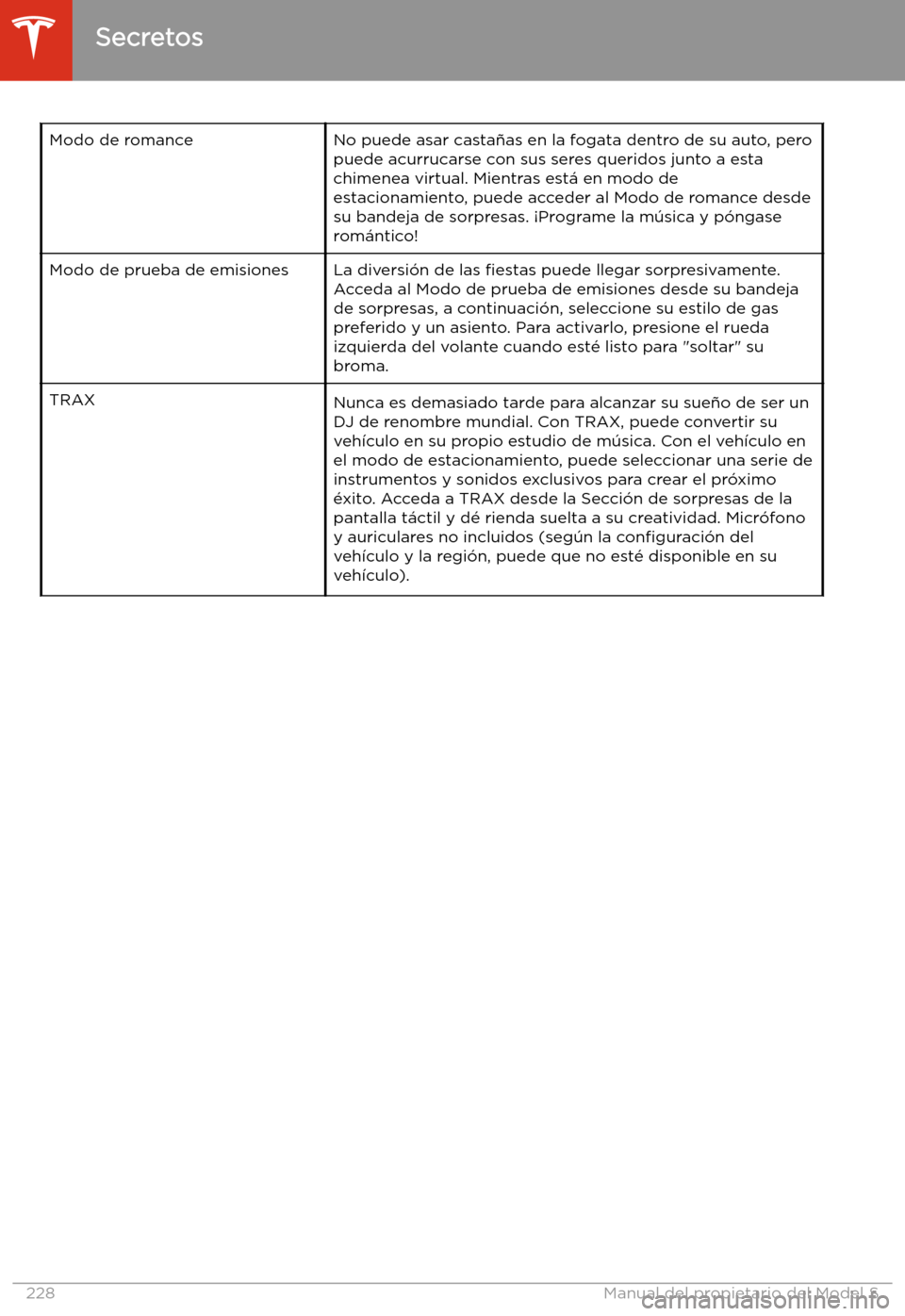 TESLA MODEL S 2020 Manual del propietario (in Spanish) Modo de romanceNo puede asar casta TESLA MODEL S 2020 Manual del propietario (in Spanish) Modo de romanceNo puede asar casta