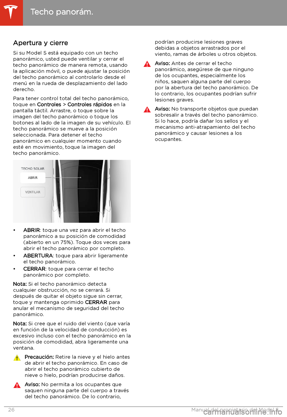 TESLA MODEL S 2020  Manual del propietario (in Spanish)  Techo panor