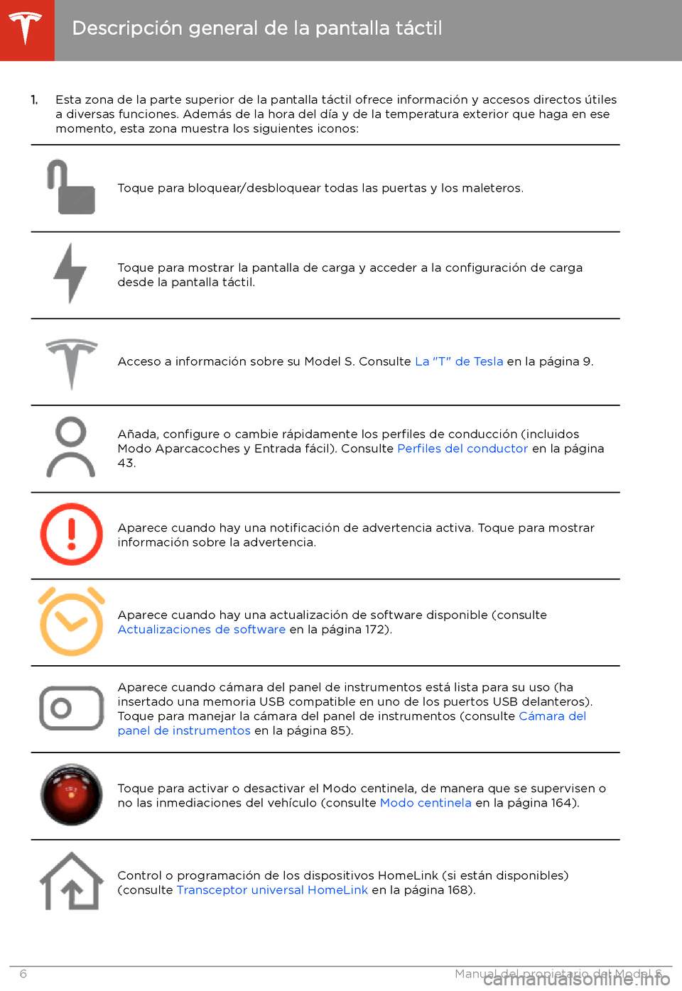 TESLA MODEL S 2020 Manual del propietario (in Spanish) 1.Esta zona de la parte superior de la pantalla t TESLA MODEL S 2020 Manual del propietario (in Spanish) 1.Esta zona de la parte superior de la pantalla t