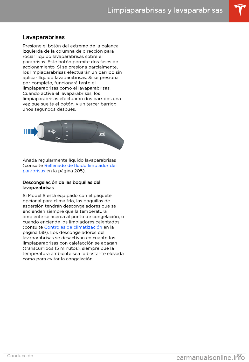 TESLA MODEL S 2020  Manual del propietario (in Spanish)  LavaparabrisasPresione el bot
