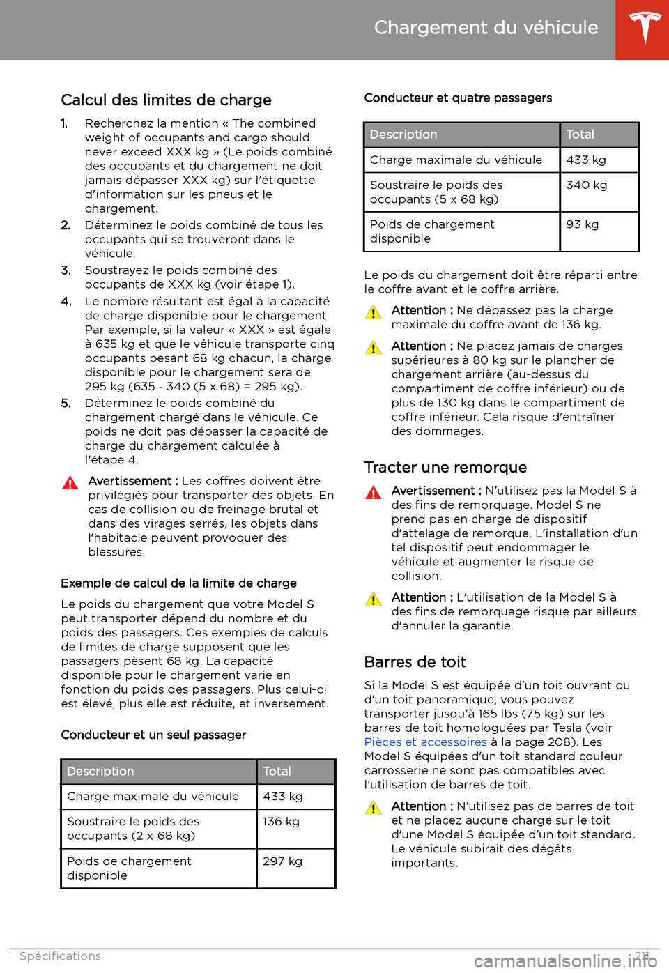 TESLA MODEL S 2020  Manuel du propriétaire (in French) Calcul des limites de charge1. Recherchez la mention 