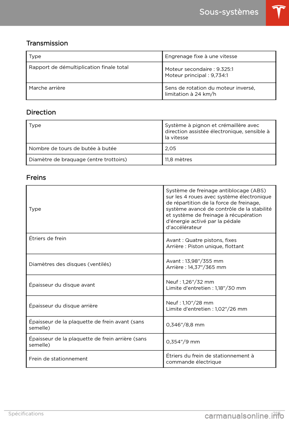 TESLA MODEL S 2020  Manuel du propriétaire (in French) TransmissionTypeEngrenage fixe 