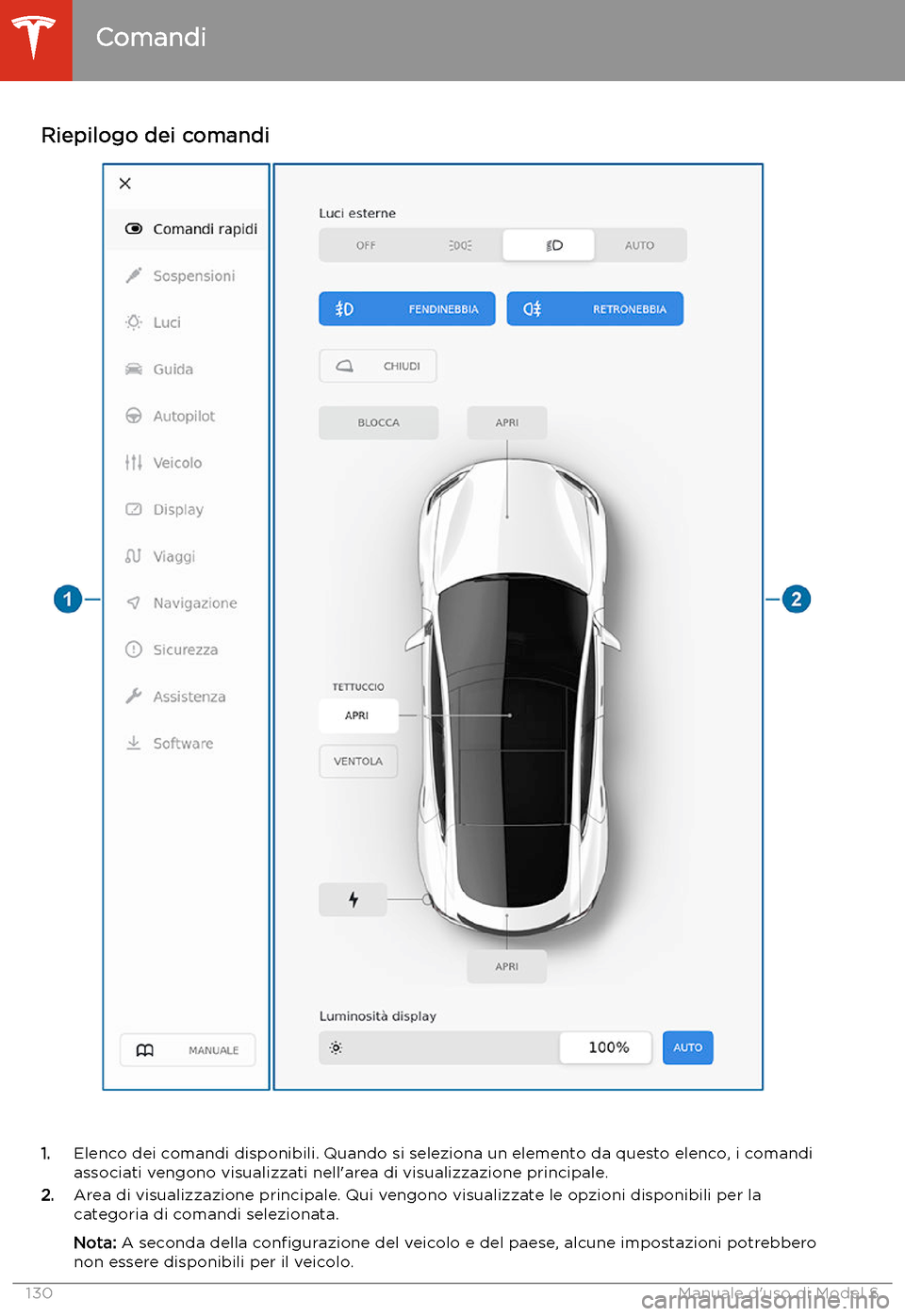 TESLA MODEL S 2020 Manuale del proprietario (in Italian) Riepilogo dei comandi
1.Elenco dei comandi disponibili. Quando si seleziona un elemento da questo elenco, i comandi
associati vengono visualizzati nell TESLA MODEL S 2020 Manuale del proprietario (in Italian) Riepilogo dei comandi
1.Elenco dei comandi disponibili. Quando si seleziona un elemento da questo elenco, i comandi
associati vengono visualizzati nell