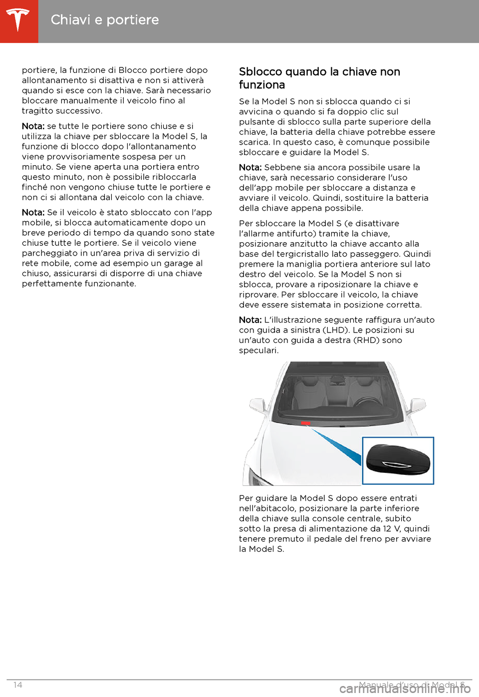 TESLA MODEL S 2020 Manuale del proprietario (in Italian) portiere, la funzione di Blocco portiere dopo
allontanamento si disattiva e non si attiver TESLA MODEL S 2020 Manuale del proprietario (in Italian) portiere, la funzione di Blocco portiere dopo
allontanamento si disattiva e non si attiver