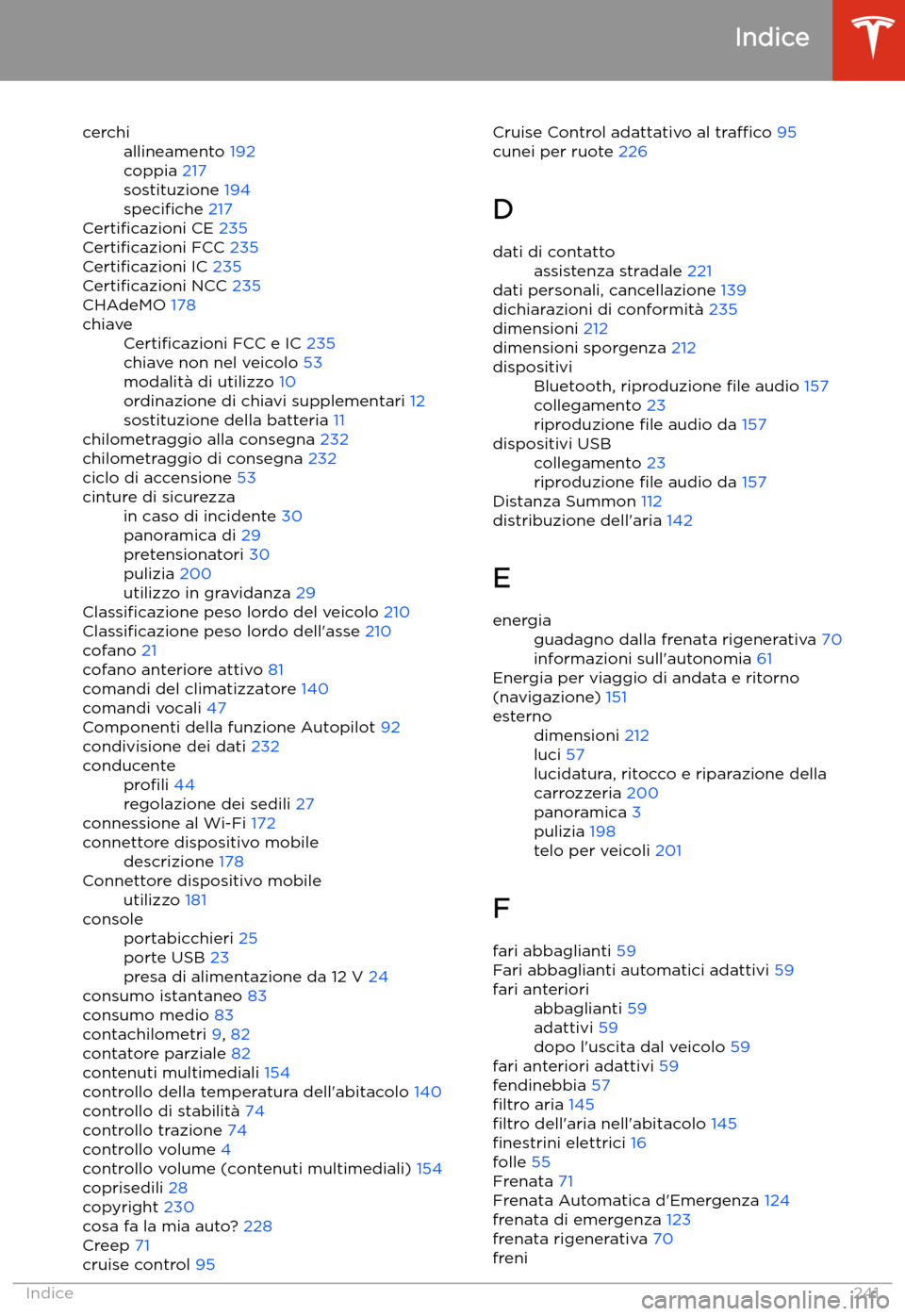 TESLA MODEL S 2020 Manuale del proprietario (in Italian) cerchiallineamento 192
coppia 217
sostituzione 194
speci TESLA MODEL S 2020 Manuale del proprietario (in Italian) cerchiallineamento 192
coppia 217
sostituzione 194
speci