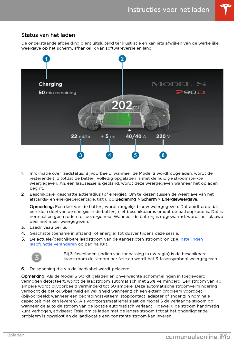 TESLA MODEL S 2020 Handleiding (in Dutch) Status van het laden
De onderstaande afbeelding dient uitsluitend ter illustratie en kan iets afwijken van de werkelijke weergave op het scherm, afhankelijk van softwareversie en land.
1. Informatie o TESLA MODEL S 2020 Handleiding (in Dutch) Status van het laden
De onderstaande afbeelding dient uitsluitend ter illustratie en kan iets afwijken van de werkelijke weergave op het scherm, afhankelijk van softwareversie en land.
1. Informatie o