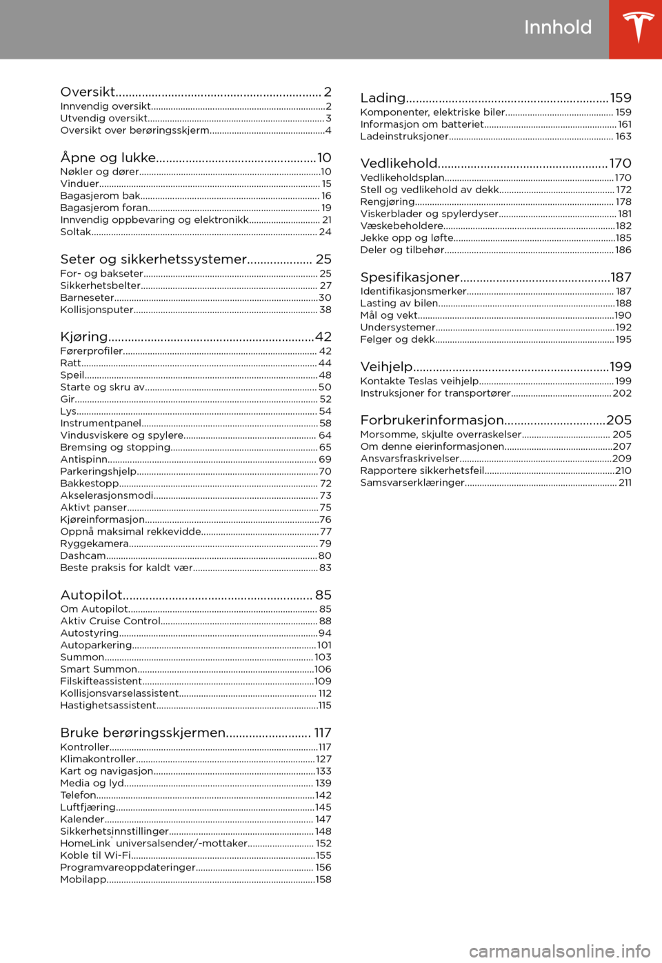 TESLA MODEL S 2020 Brukerhåndbok (in Norwegian) Innhold
Oversikt............................................................... 2 Innvendig oversikt.......................................................................2Utvendig oversikt........... TESLA MODEL S 2020 Brukerhåndbok (in Norwegian) Innhold
Oversikt............................................................... 2 Innvendig oversikt.......................................................................2Utvendig oversikt...........