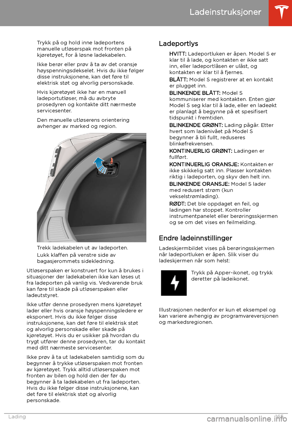 TESLA MODEL S 2020 Brukerhåndbok (in Norwegian) Trykk på og hold inne ladeportens
manuelle utl TESLA MODEL S 2020 Brukerhåndbok (in Norwegian) Trykk på og hold inne ladeportens
manuelle utl
