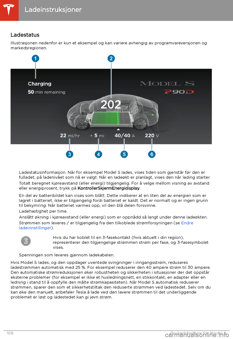 TESLA MODEL S 2020 Brukerhåndbok (in Norwegian) Ladestatus
Illustrasjonen nedenfor er kun et eksempel og kan variere avhengig av programvareversjonen og markedsregionen.
Ladestatusinformasjon. Når for eksempel Model S lades, vises tiden som gjenst TESLA MODEL S 2020 Brukerhåndbok (in Norwegian) Ladestatus
Illustrasjonen nedenfor er kun et eksempel og kan variere avhengig av programvareversjonen og markedsregionen.
Ladestatusinformasjon. Når for eksempel Model S lades, vises tiden som gjenst