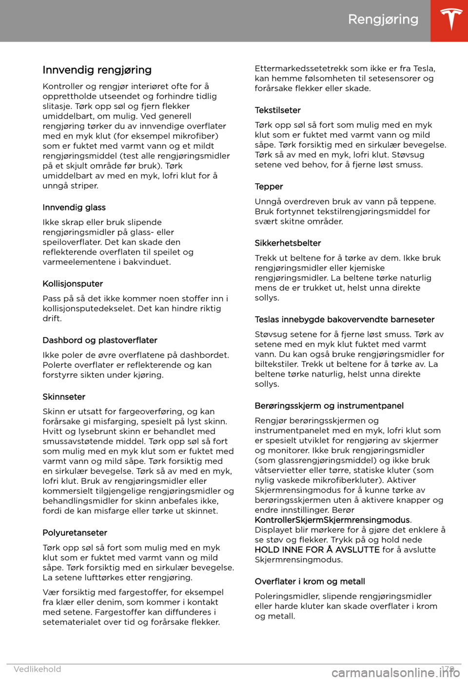 TESLA MODEL S 2020 Brukerhåndbok (in Norwegian) Innvendig rengj TESLA MODEL S 2020 Brukerhåndbok (in Norwegian) Innvendig rengj