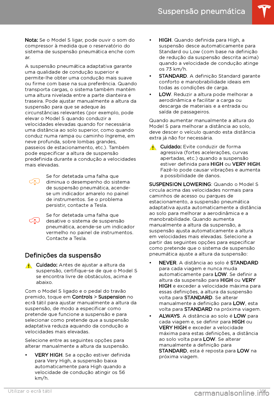 TESLA MODEL S 2020 Manual do proprietário (in Portuguese) Suspens TESLA MODEL S 2020 Manual do proprietário (in Portuguese) Suspens