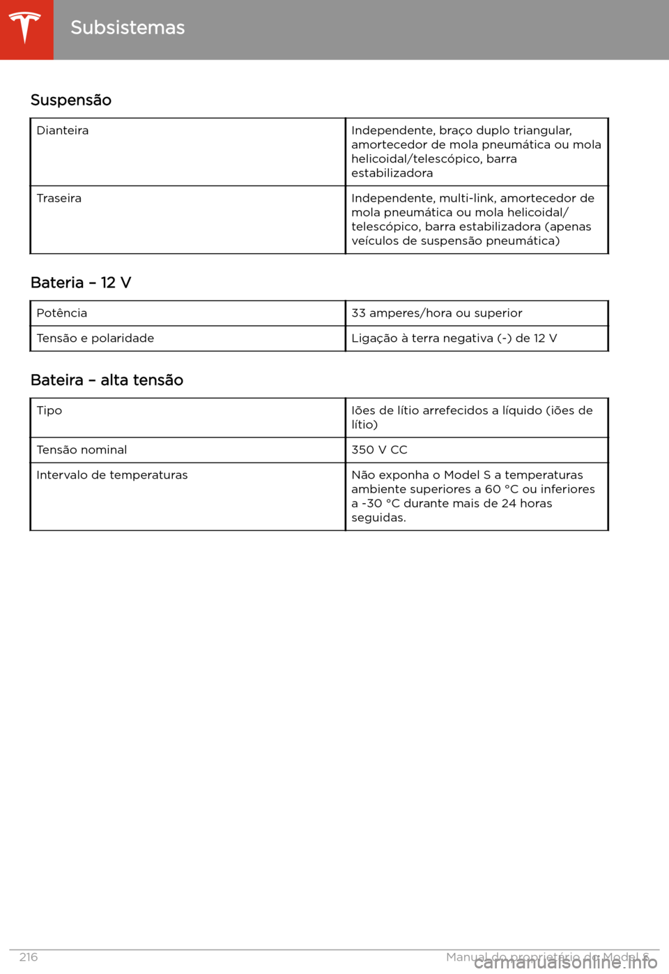 TESLA MODEL S 2020 Manual do proprietário (in Portuguese) Suspens TESLA MODEL S 2020 Manual do proprietário (in Portuguese) Suspens