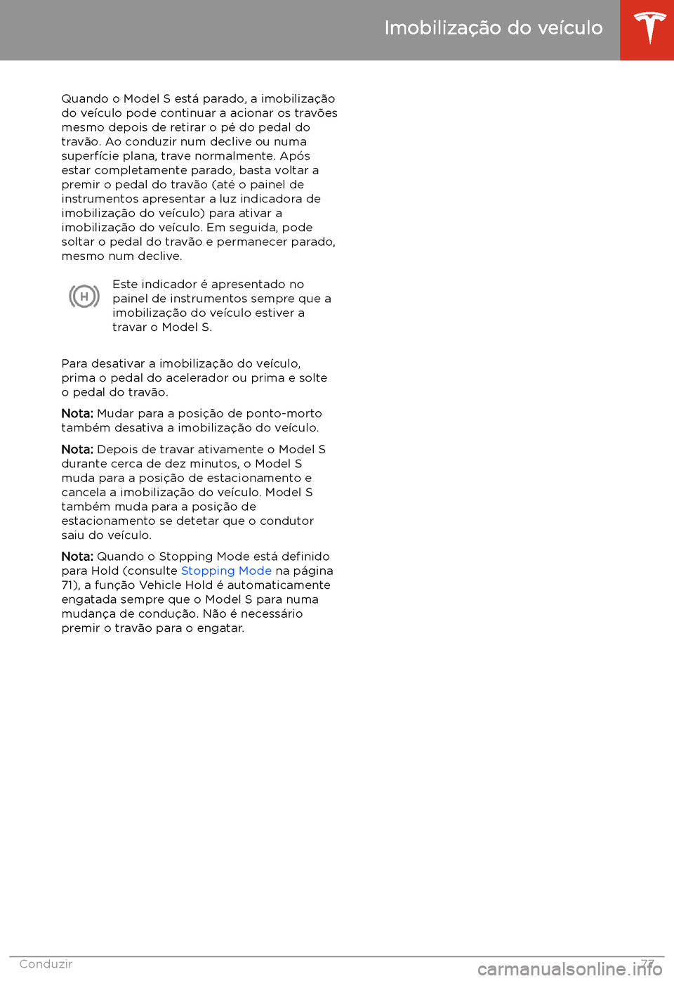 TESLA MODEL S 2020  Manual do proprietário (in Portuguese) Imobiliza