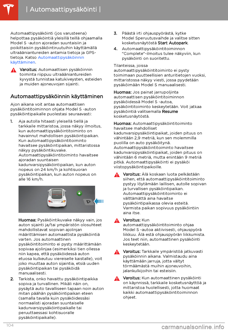 TESLA MODEL S 2020  Omistajan käsikirja (in Finnish) Automaattipys