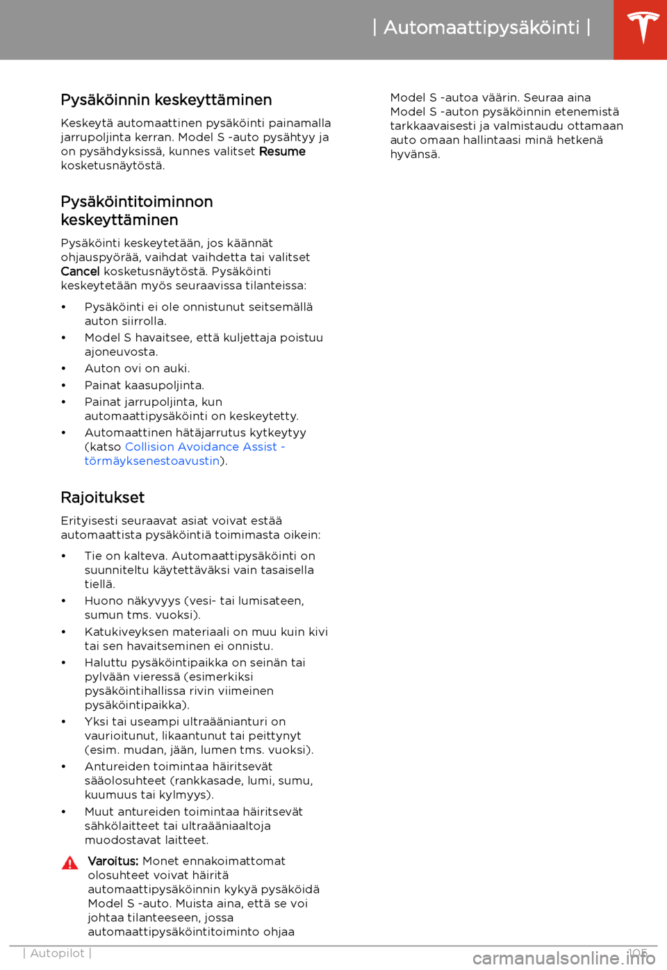 TESLA MODEL S 2020  Omistajan käsikirja (in Finnish) Pys