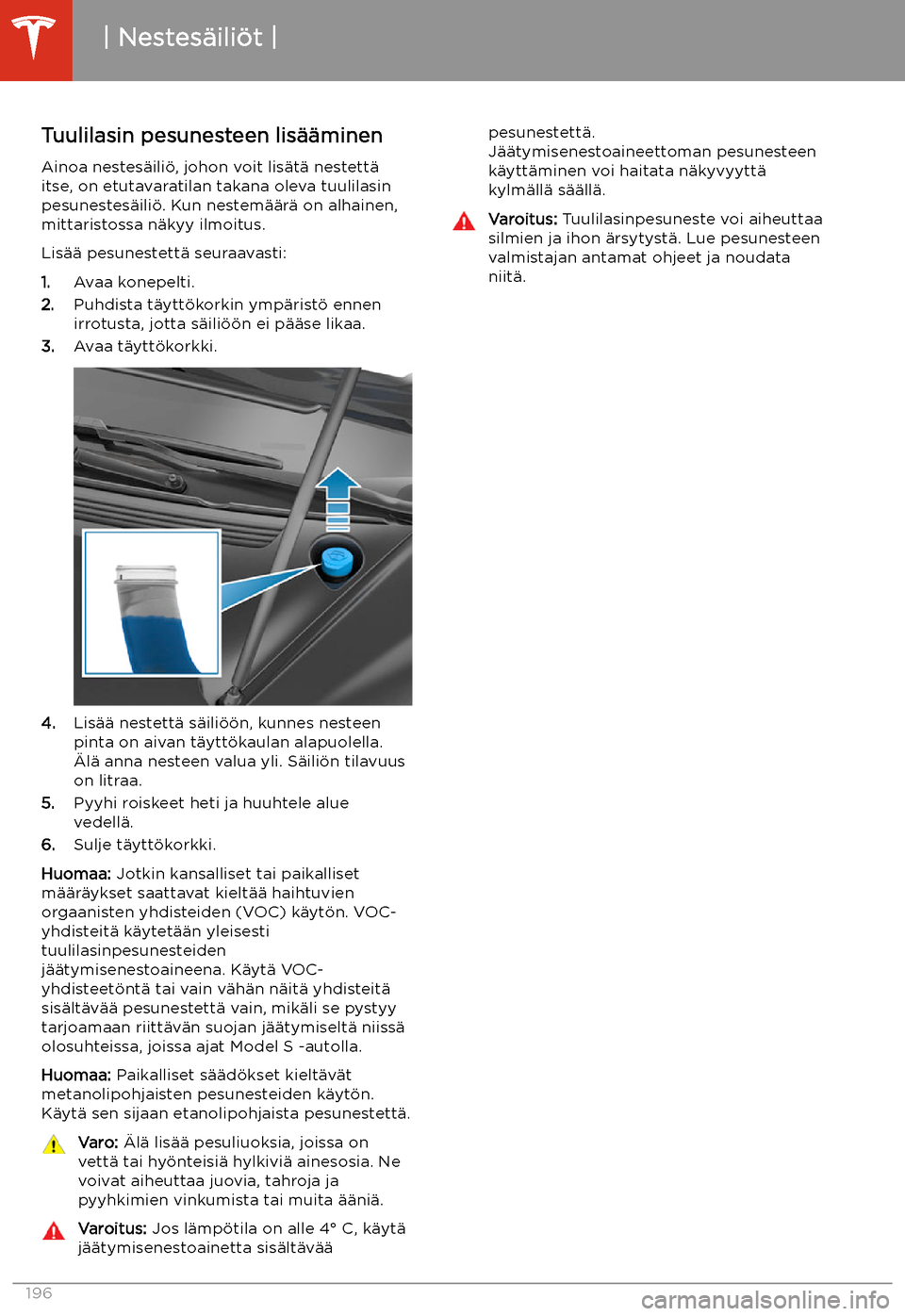 TESLA MODEL S 2020  Omistajan käsikirja (in Finnish) Tuulilasin pesunesteen lis