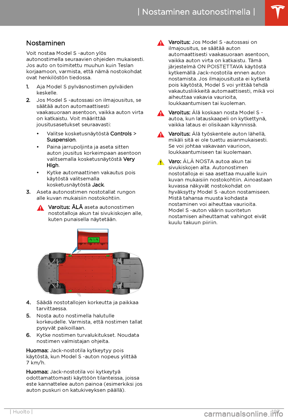 TESLA MODEL S 2020  Omistajan käsikirja (in Finnish) Nostaminen autonostimella
Nostaminen
Voit nostaa Model S -auton yl