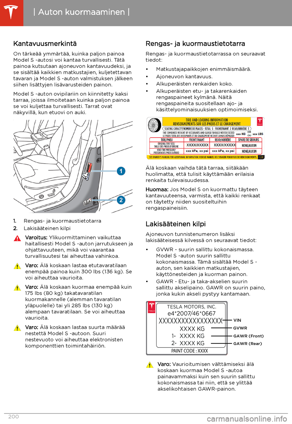 TESLA MODEL S 2020 Omistajan käsikirja (in Finnish) Auton kuormaaminen
Kantavuusmerkint TESLA MODEL S 2020 Omistajan käsikirja (in Finnish) Auton kuormaaminen
Kantavuusmerkint