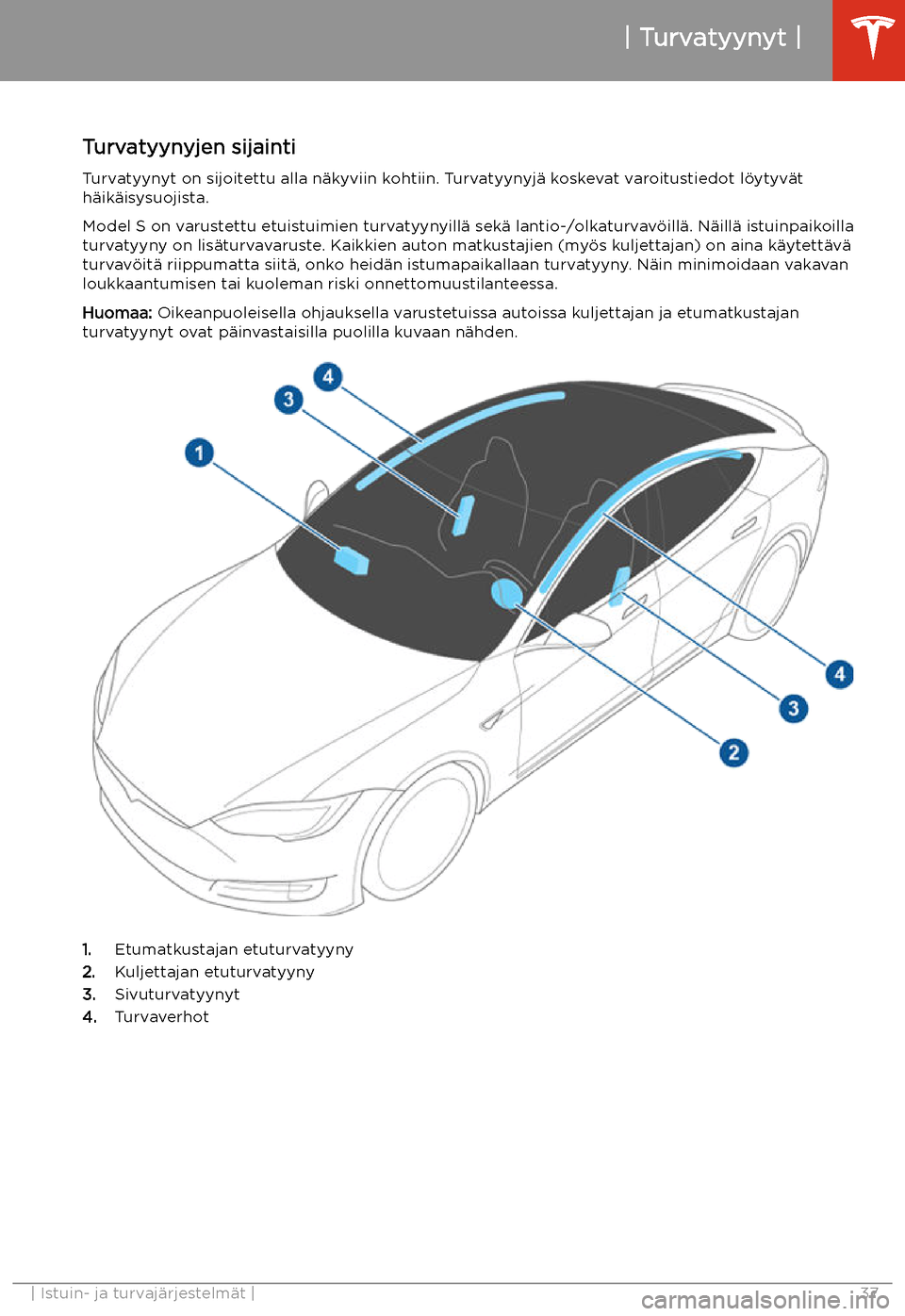 TESLA MODEL S 2020 Omistajan käsikirja (in Finnish) Turvatyynyt
Turvatyynyjen sijainti Turvatyynyt on sijoitettu alla n TESLA MODEL S 2020 Omistajan käsikirja (in Finnish) Turvatyynyt
Turvatyynyjen sijainti Turvatyynyt on sijoitettu alla n