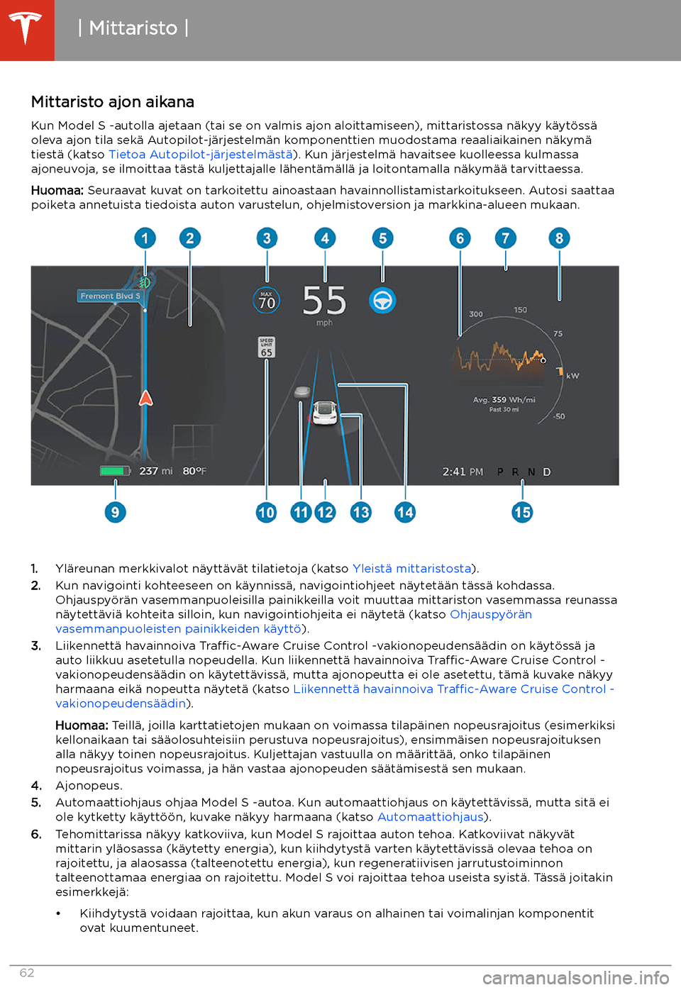 TESLA MODEL S 2020 Omistajan käsikirja (in Finnish) Mittaristo ajon aikanaKun Model S -autolla ajetaan (tai se on valmis ajon aloittamiseen), mittaristossa n TESLA MODEL S 2020 Omistajan käsikirja (in Finnish) Mittaristo ajon aikanaKun Model S -autolla ajetaan (tai se on valmis ajon aloittamiseen), mittaristossa n