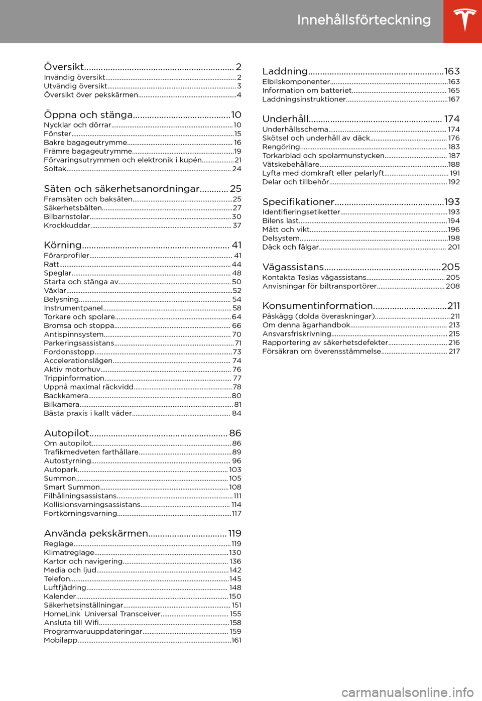 TESLA MODEL S 2020  Ägarmanual (in Swedish) Inneh