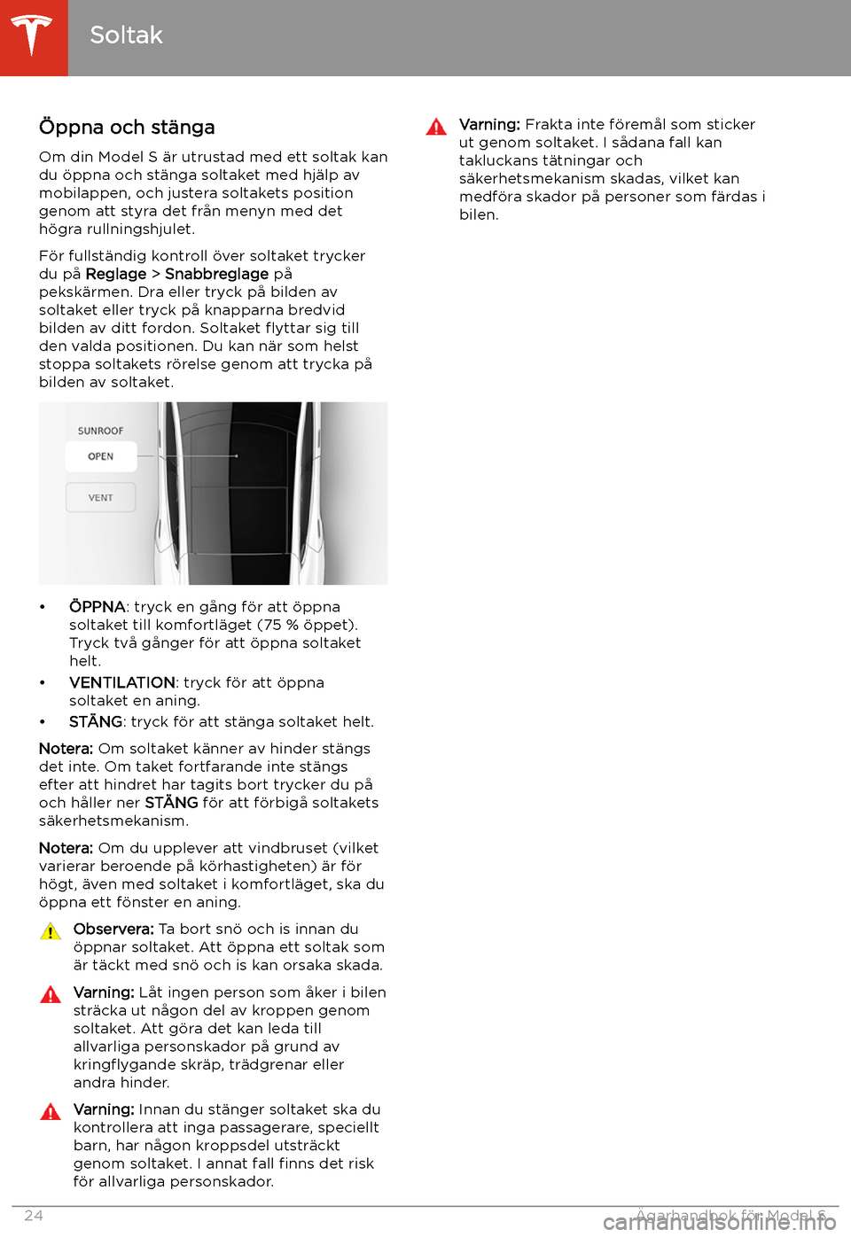 TESLA MODEL S 2020  Ägarmanual (in Swedish) Soltak
