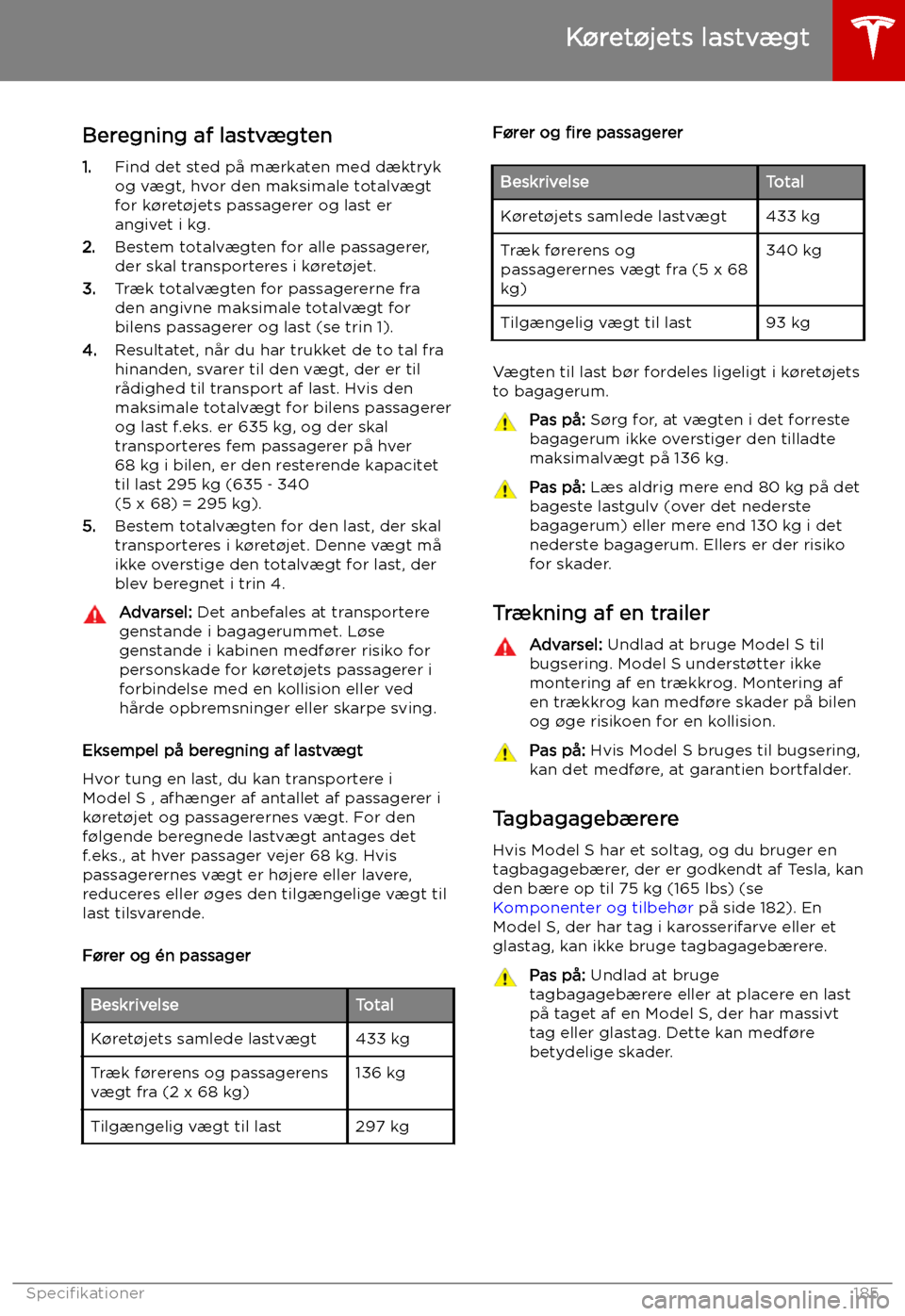 TESLA MODEL S 2019 Instruktionsbog (in Danish) Beregning af lastv TESLA MODEL S 2019 Instruktionsbog (in Danish) Beregning af lastv