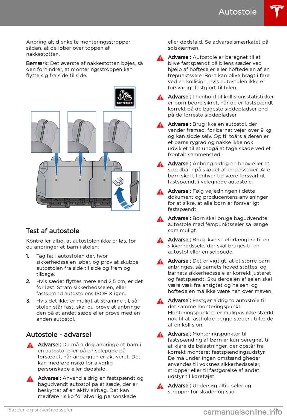 TESLA MODEL S 2019  Instruktionsbog (in Danish) Anbring altid enkelte monteringsstropper
s