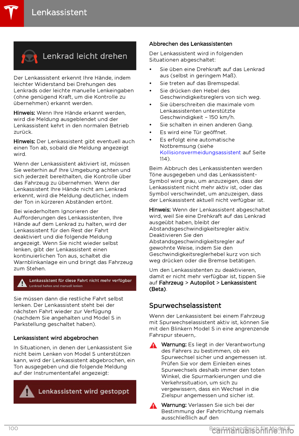 TESLA MODEL S 2019 Betriebsanleitung (in German) Der Lenkassistent erkennt Ihre H TESLA MODEL S 2019 Betriebsanleitung (in German) Der Lenkassistent erkennt Ihre H