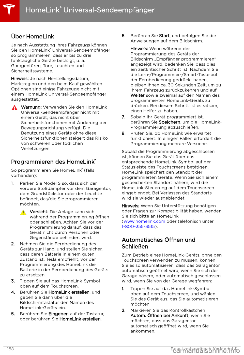 TESLA MODEL S 2019  Betriebsanleitung (in German) HomeLink