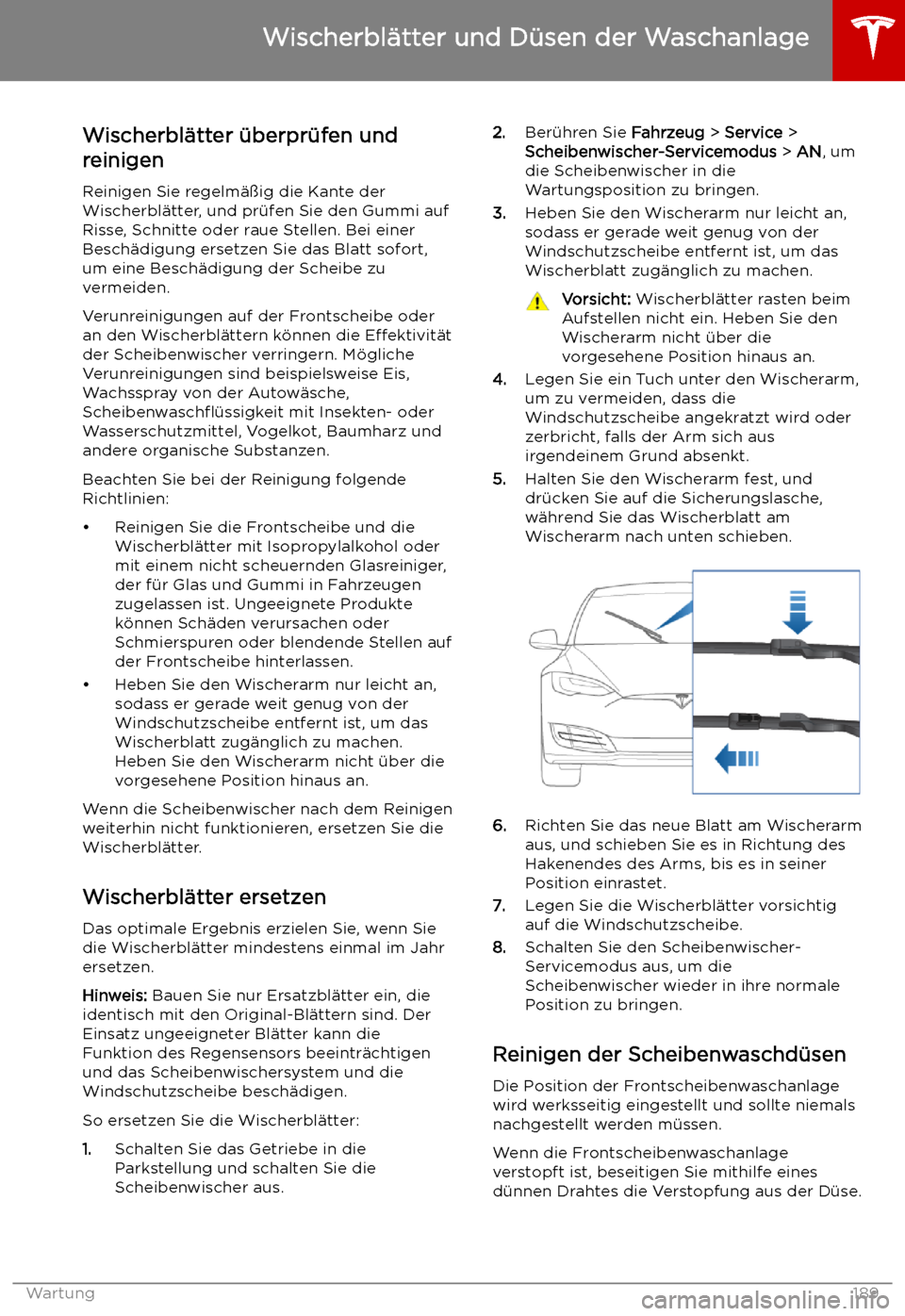 TESLA MODEL S 2019  Betriebsanleitung (in German) Wischerbl