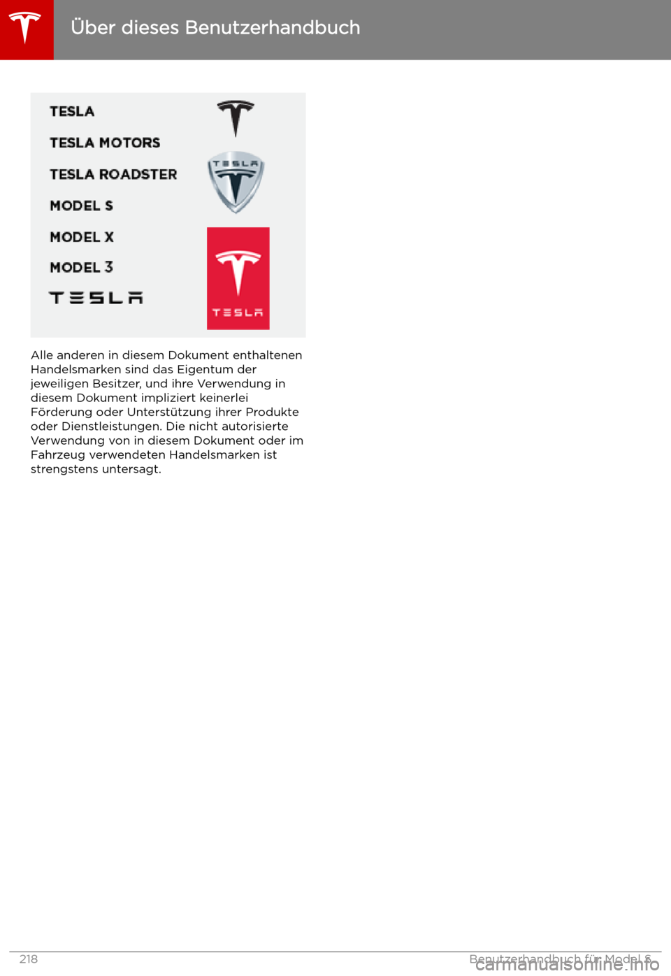 TESLA MODEL S 2019  Betriebsanleitung (in German) Alle anderen in diesem Dokument enthaltenenHandelsmarken sind das Eigentum derjeweiligen Besitzer, und ihre Verwendung indiesem Dokument impliziert keinerleiF