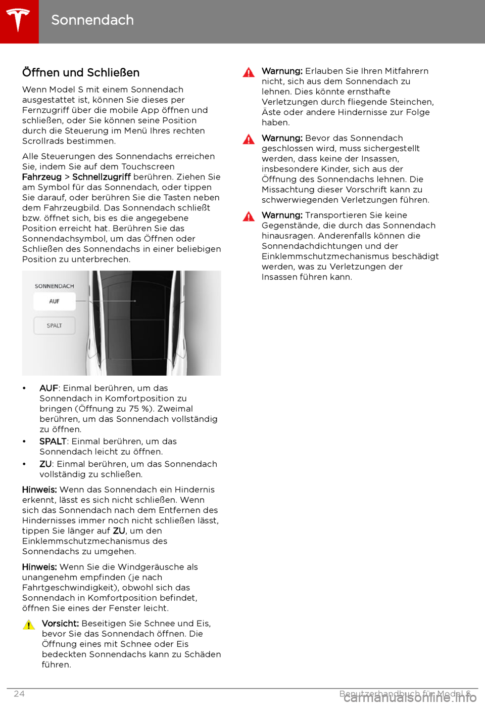 TESLA MODEL S 2019  Betriebsanleitung (in German) Sonnendach
