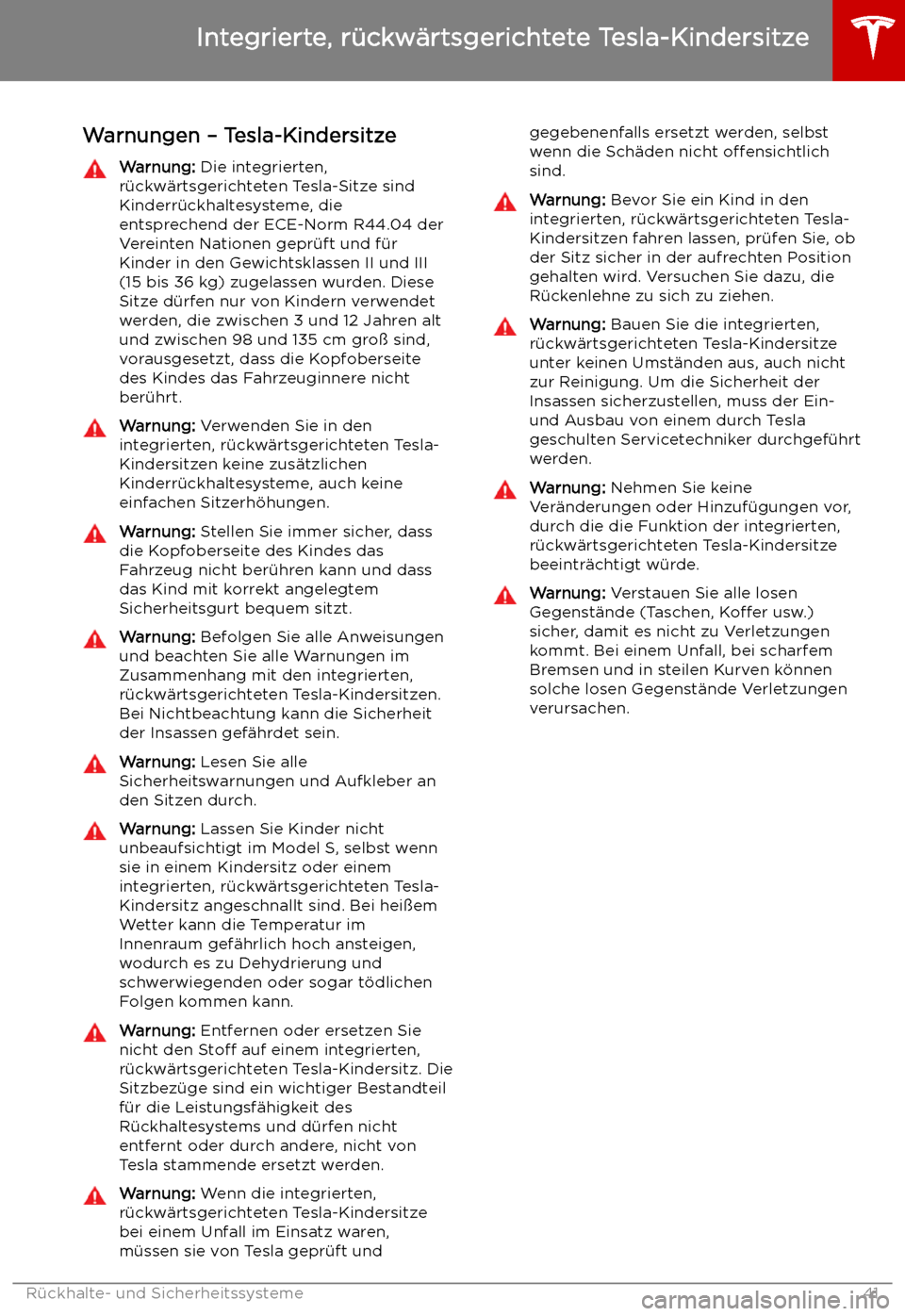 TESLA MODEL S 2019  Betriebsanleitung (in German) Warnungen 